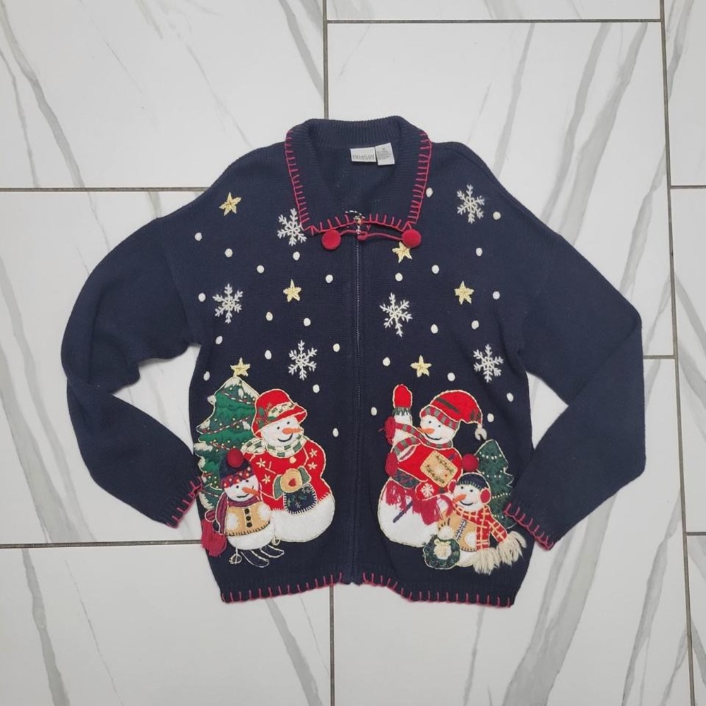 Vintage Christmas Sweater storybook snowmen kintted ugly holiday medium